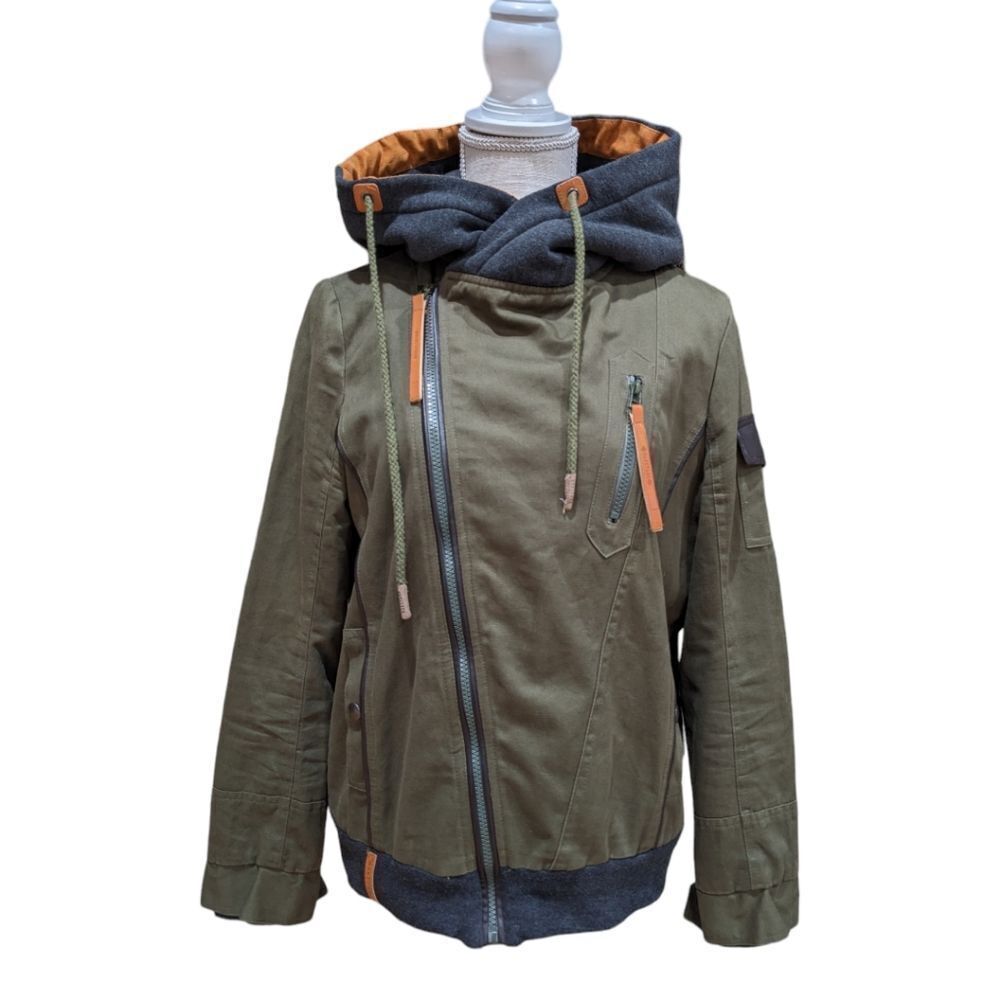 Naketano Women's Olive Green Diagonal Zip Hood Jacket Size S Fleece Lined
